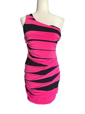 Ruby Rox Hot Pink and Black One-Shoulder Ruched Dress